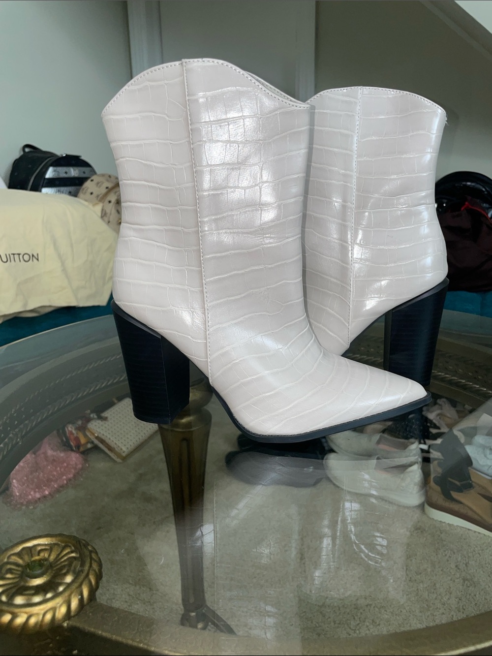 White Croc-Embossed Pointed Toe Ankle Boots